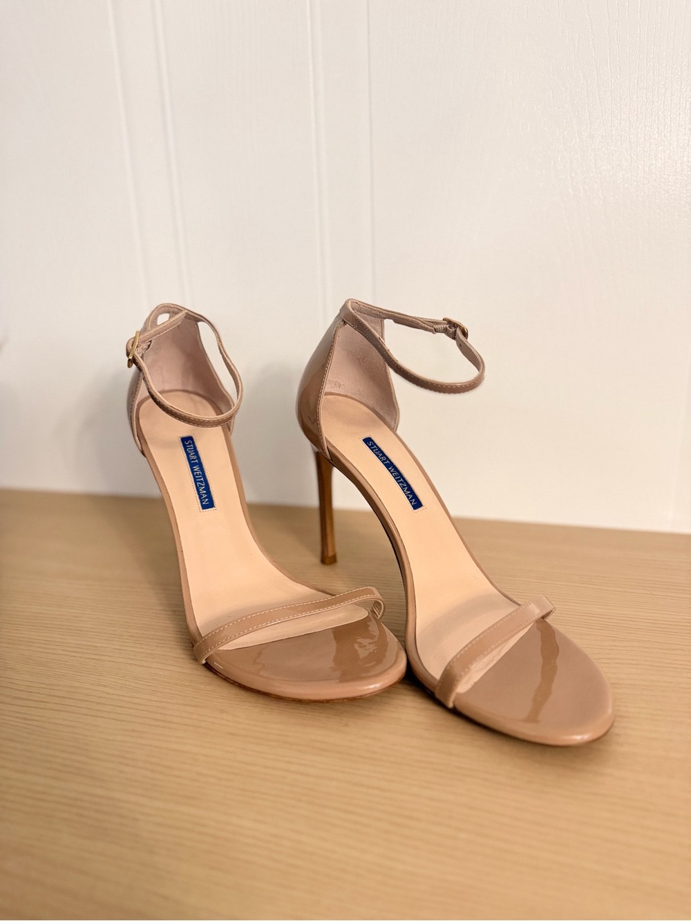 Stuart Weitzman Patent Nude Ankle-Strap Stiletto Sandals